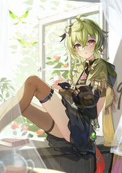  absurdres black_dress black_socks blush bridal_gauntlets cape collei_(genshin_impact) commentary_request crossed_bangs crystalfly_(genshin_impact) cup dress earrings feet_out_of_frame female gem genshin_impact gold_choker gold_trim green_cape green_eyes green_gemstone green_hair highres holding holding_cup jewelry long_hair long_sleeves lumo_1121 open_mouth pink_eyes plant puffy_long_sleeves puffy_sleeves shoulder_cape sitting_in_window socks solo window 