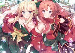  2girls akino_(christmas)_(princess_connect!) akino_(princess_connect!) akusema bad_id bad_twitter_id bare_shoulders bead_necklace beads black_bow blonde_hair blue_eyes blush bow breasts christmas collarbone dress fisheye floral_print gloves hair_ornament hairbow hand_on_own_chest highres jewelry large_breasts locked_arms long_hair looking_at_viewer multiple_girls necklace outdoors parted_bangs ponytail princess_connect! purple_eyes red_gloves red_hair red_shawl saren_(christmas)_(princess_connect!) saren_(princess_connect!) shawl sidelocks smile snow snowflakes snowing strapless strapless_dress 