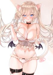  :o animal_ear_fluff animal_ears ass_visible_through_thighs bangs bare_shoulders bat_wings black_bow blonde_hair blue_eyes blush bow bow_panties breasts bustier cat_ears cat_tail collar collarbone commentary_request cowboy_shot demon_wings eyebrows_visible_through_hair eyelashes female gloves hair_between_eyes half_gloves highleg highleg_panties highres holding_tail large_breasts legs_together long_hair looking_at_viewer low_wings meito_harmren navel oerba_yun_fang open_mouth original panties paw_print pulled_by_self sidelocks signature skin_fang skindentation solo spaghetti_strap standing strap_pull tail thigh_gap thigh_strap thighs twintails underwear white_gloves wings 