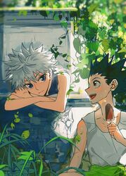  2boys :d bare_arms black_hair blue_eyes brown_eyes closed_mouth commentary_request crossed_arms day food gon_freecss highres holding holding_food holding_ice_cream hunter_x_hunter ice_cream killua_zoldyck leaf looking_at_another male_focus multiple_boys nature open_mouth outdoors popsicle shenshan_laolin short_hair shorts sitting sleeveless smile sweat tank_top white_hair white_tank_top 