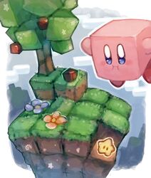  apple box_body commentary_request day floating flower food fruit grass kirby kirby_(series) minecraft no_humans outdoors shiburingaru star_(symbol) tree 