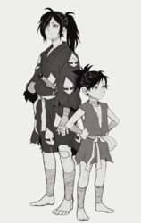  1boy absurdres bandaged_leg bandages closed_mouth commentary dororo_(character) dororo_(tezuka) female flat_chest florbetriz full_body greyscale hair_over_one_eye hands_on_own_hips highres hyakkimaru_(dororo) lolicon long_hair monochrome parted_bangs ponytail prosthesis standing sword weapon 