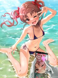  barefoot bikini black_bikini blush breasts brown_eyes brown_hair cellphone cellphone_photo collarbone feet female gloves highres iphone legs long_hair looking_at_viewer micro_bikini navel ocean one_eye_closed phone shirai_kuroko shokuhou_misaki side-tie_bikini_bottom small_breasts smartphone smile swimsuit taking_picture toaru_kagaku_no_railgun toaru_majutsu_no_index toes w white_gloves yonabe 