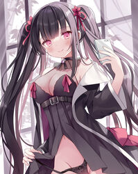  babydoll belt black_babydoll black_hair blush breasts cellphone choker cleavage closed_mouth commentary female flower groin hair_flower hair_ornament hair_ribbon holding holding_phone hoshino_koucha jacket leaf long_hair looking_at_viewer navel open_clothes open_jacket original panties panty_pull phone red_eyes ribbon smile string_panties symbol-only_commentary tree twintails underwear window 