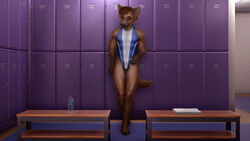  16:9 3d_(artwork) amber_eyes anthro black_nose bottle brown_body brown_fur brown_hair claws clothing container digital_media_(artwork) fur hair hi_res hyena la_volpe locker locker_bench locker_room male mammal muscular one-piece_swimsuit smile solo sport spots spotted_hyena swimwear teeth towel water widescreen 