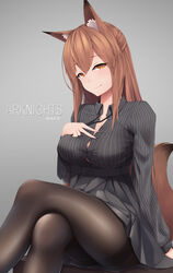  :q absurdres alternate_costume animal_ear_fluff animal_ears arknights belt black_belt black_pantyhose black_shirt black_skirt breasts brown_eyes brown_hair button_gap collared_shirt copyright_name crossed_legs dated desk dress_shirt female fox_ears fox_tail franka_(arknights) grey_background hair_between_eyes half_updo hand_on_own_chest heart heart-shaped_pupils highres large_breasts long_hair long_sleeves looking_at_viewer miniskirt no_bra on_desk open_clothes open_shirt panties panties_under_pantyhose pantyhose pinstripe_pattern pinstripe_shirt shirt sitting skirt solo striped suzishi_ovo symbol-shaped_pupils tail thighband_pantyhose thighs tongue tongue_out underwear 