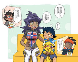  3boys :d antenna_hair black_hair black_hoodie blue_eyes blush breasts bright_pupils bubble champion_uniform closed_eyes commentary_request couch dark-skinned_female dark-skinned_male dark_skin dododo_dadada female genderswap_(mtf) goh_(pokemon) grey_shirt hood hoodie leggings leon_(pokemon) long_hair looking_to_the_side motion_lines multiple_boys open_mouth orange_headwear pikachu pokemon pokemon_(anime) pokemon_(creature) pokemon_journeys raboot raihan_(pokemon) rule_63 satoshi_(pokemon) shield_print shirt short_hair short_shorts short_sleeves shorts sitting sleeping smile speech_bubble sweat sweatdrop sword_print tearing_up teeth tongue translation_request undercut upper_teeth_only white_legwear white_pupils white_shorts yellow_eyes zzz 