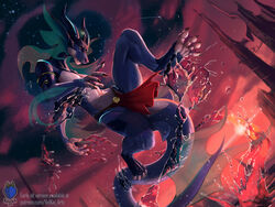  action_pose anthro aquatic_dragon bioluminescence blue_body bottomwear clothing dragon english_text exposure_variation fin glowing hand_tattoo human_skin jewelry jumping kai_(kaislair) kaislair loincloth low-angle_view male marine masked_dragon membrane_(anatomy) mythological_creature mythological_scalie mythology paws pose scalie sea shark_tail solo structures sunset tail text water yellow_eyes 