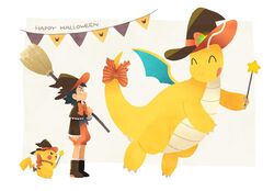  1boy alternate_costume black_hair boots bow broom brown_capelet brown_footwear brown_headwear capelet closed_eyes closed_mouth clothed_pokemon commentary_request dododo_dadada dragonite from_side hat holding holding_broom holding_wand male_focus orange_bow orange_shorts pikachu pokemon pokemon_(anime) pokemon_(creature) pokemon_journeys puffy_shorts satoshi_(pokemon) short_hair shorts smile standing striped striped_bow wand witch_hat 