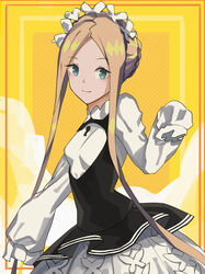  abigail_williams_(fate) abigail_williams_(festival_outfit)_(fate) absurdres black_skirt blonde_hair blue_eyes blush braid breasts closed_mouth dress fate/grand_order fate_(series) female forehead french_braid highres keyhole layered_skirt long_hair long_sleeves looking_at_viewer maid_headdress official_alternate_costume parted_bangs photoshop_(medium) saber12306 sidelocks skirt small_breasts smile solo very_long_hair white_dress yellow_background 