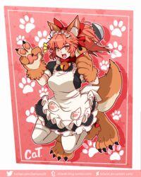  ^^^ absurdres animal_ear_fluff animal_ears animal_hands apron bell breasts cat_paws collar commentary dclaret deviantart_username fangs fate/grand_order fate_(series) female fox_ears fox_girl fox_tail gloves hair_ribbon highres holding holding_ladle jingle_bell ladle large_breasts long_hair neck_bell open_mouth paw_gloves paw_shoes pink_hair ponytail red_ribbon ribbon shoes solo tail tamamo_(fate) tamamo_cat_(fate) tamamo_cat_(second_ascension)_(fate) tumblr_username twitter_username white_legwear yellow_eyes 