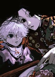  2boys bandages black_eyes black_hair blood blood_on_face blue_eyes brothers commentary_request hand_on_another&#039;s_head highres holding holding_knife hunter_x_hunter illumi_zoldyck killua_zoldyck knife long_hair male_focus multiple_boys one_eye_covered parted_lips plate shenshan_laolin shirt short_hair siblings sitting white_hair 