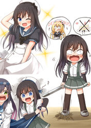  3girls anger_vein arm_warmers asashio_(kancolle) black_hair black_thighhighs blue_eyes blue_neckwear blue_ribbon blue_sailor_collar blue_skirt clothes_pull comiching commentary_request cosplay expressions gradient_hair green_eyes hat highres jervis_(kancolle) jervis_(kancolle)_(cosplay) kantai_collection long_hair long_sleeves matsuwa_(kancolle) multicolored_hair multiple_girls multiple_views one_eye_closed open_mouth pink_hair purple_hair ribbon sailor_collar sailor_hat school_uniform serafuku shirt short_sleeves simple_background skirt skirt_pull speech_bubble suspender_skirt suspenders tears thighhighs torpedo white_background white_headwear white_shirt 