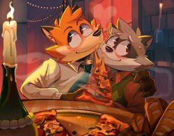  2022 aiden_harris anthro blush canid canine closet_coon clothing colin_young detailed detailed_background detailed_food duo food fox hi_res hug male mammal necktie night pizza procyonid raccoon shirt srfennec topwear 