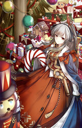  arknights blue_cape candy candy_cane cape christmas_ornaments christmas_tree commentary_request dress feet_out_of_frame female food from_side gift gingerbread_house gingerbread_man gloves grey_hair highres holding long_hair looking_at_viewer miyamizu_reiha official_alternate_costume partial_commentary red_dress red_eyes smile solo standing stuffed_animal stuffed_toy teddy_bear weedy_(arknights) weedy_(candy_cape)_(arknights) 