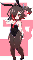  ahoge animal_ears bare_shoulders black_footwear black_gloves black_hairband black_leotard blush breasts brown_hair brown_pantyhose closed_mouth collar commentary_request covered_navel detached_collar fake_animal_ears female fishnet_pantyhose fishnets full_body gloves groin hair_over_one_eye hairband half_gloves hand_up high_heels highres leotard looking_at_viewer multicolored_hair necktie odabuts one_side_up original pantyhose pink_background playboy_bunny rabbit_ears red_eyes red_hair red_necktie shoes small_breasts smile solo strapless strapless_leotard streaked_hair two-tone_background two-tone_hair unmoving_pattern white_background white_collar wing_collar wrist_cuffs 