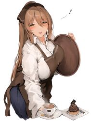  alternate_costume apron blue_pants blush breasts brown_hair cake cappuccino cleavage coffee commentary_request cup cupcake dessert female food fork girls&#039;_frontline green_eyes hair_between_eyes hair_ribbon highres large_breasts long_hair looking_at_viewer musical_note open_mouth pants ponytail ribbon shirt sidelocks simple_background sixteenth_note smile solo spoon springfield_(girls&#039;_frontline) syotastar teacup white_background white_shirt 