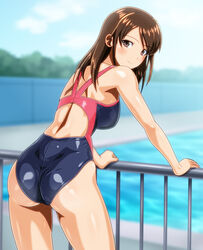  anime_coloring ass black_one-piece_swimsuit blue_sky blurry breasts brown_eyes brown_hair cloud commentary_request competition_swimsuit cowboy_shot day depth_of_field female from_behind long_hair looking_at_viewer looking_back medium_breasts monteriakitto multicolored_clothes multicolored_swimsuit one-piece_swimsuit original outdoors railing sky solo swimsuit 