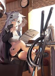  animal_ears arknights bandeau bare_legs black_footwear black_jacket black_shorts boots bread breasts clock closed_mouth commentary cup eason870408 female food grey_eyes grey_shirt hair_between_eyes hair_ornament hairclip highres holding holding_cup holding_paper indoors jacket lappland_(arknights) long_hair looking_at_viewer material_growth medium_breasts open_clothes open_jacket oripathy_lesion_(arknights) paper scar scar_across_eye scar_on_face shadow shirt short_shorts shorts simple_background sitting smile solo sword symbol-only_commentary teacup thighs very_long_hair weapon white_bandeau white_hair wolf_ears 