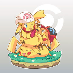  :d animalization baseball_cap beanie blue_eyes blush closed_eyes clothed_pokemon commentary_request dawn_(pokemon) dododo_dadada eyelashes flower grass hat looking_back lying no_humans on_stomach one_eye_closed open_mouth pikachu pokemon pokemon_(anime) pokemon_(creature) pokemon_dppt_(anime) red_headwear satoshi_(pokemon) scarf smile sweatdrop tongue tongue_out white_flower white_headwear 