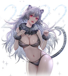  2022 absurdres animal_ear_fluff animal_ears bikini breasts chinese_zodiac cleavage clenched_hands colored_tips commentary cowboy_shot english_commentary eyelashes female fur_collar grey_bikini grey_hair grey_nails hands_up highres large_breasts lips long_hair looking_at_viewer multi-strapped_bikini multicolored_hair navel nengajou new_year oeun original parted_lips paw_pose red_eyes red_lips shiny_skin skindentation solo sparkle swimsuit tail tiger_ears tiger_girl tiger_stripes tiger_tail very_long_hair white_background white_tiger_print wrist_cuffs year_of_the_tiger 