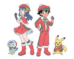  1boy :d alternate_costume black_hair black_socks blue_eyes blush boots buttons capelet christmas clenched_hand clothed_pokemon commentary_request dawn_(pokemon) dododo_dadada eyelashes female fingerless_gloves gloves hand_on_own_hip hand_up hat jacket long_hair open_mouth pants pikachu piplup pokemon pokemon_(anime) pokemon_(creature) pokemon_dppt_(anime) red_capelet red_footwear red_headwear red_jacket red_pants ribbon satoshi_(pokemon) shirt short_hair skirt smile socks spiked_hair standing tongue 