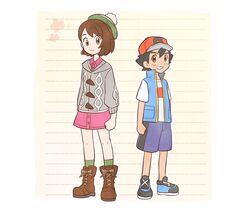  1boy arm_at_side baseball_cap black_hair blue_jacket bob_cut boots brown_eyes brown_footwear brown_hair buttons cable_knit cardigan closed_mouth collared_dress commentary_request dododo_dadada dress female full_body gloria_(pokemon) green_headwear green_legwear grey_cardigan grin hat height_difference jacket knees pink_dress pokemon pokemon_(anime) pokemon_journeys pokemon_swsh red_headwear satoshi_(pokemon) shirt shoes short_hair short_sleeves shorts sleeveless sleeveless_jacket smile socks standing t-shirt tam_o&#039;_shanter teeth white_shirt 