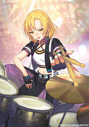  bang_dream! belt black_gloves black_jacket black_skirt blonde_hair collarbone commentary_request crop_top cropped_jacket drum drum_set drumsticks earrings female fingerless_gloves gloves holding holding_drumsticks instrument jacket jewelry kamui_natsuki long_skirt looking_at_viewer medium_hair midriff multicolored_nails navel official_art open_clothes open_jacket open_mouth parted_bangs partial_commentary sato_masuki shirt sidelocks sitting skirt solo white_belt white_shirt yellow_eyes 