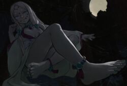  absurdres anklet arthropod_girl barefoot beads breasts cleavage colored_skin facial_mark feet female forehead_mark foreshortening full_moon green_nails grey_eyes hair_beads hair_ornament highres japanese_clothes jewelry kimetsu_no_yaiba kimono large_breasts long_hair looking_at_viewer moon mother_spider_demon_(kimetsu_no_yaiba) nail_polish night outdoors pale_skin pointy_bean silk solo spider_girl spider_web thick_eyebrows toenail_polish toenails toes white_hair white_kimono white_skin 