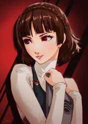  black_vest blunt_bangs braid brown_hair cheesewoo closed_mouth crown_braid female halterneck holding long_sleeves looking_to_the_side niijima_makoto persona persona_5 pink_lips red_background red_eyes school_uniform shirt short_hair shuujin_academy_school_uniform signature smile solo turtleneck vest white_shirt 