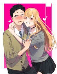  1boy @_@ absurdres artist_name black_choker black_hair blonde_hair blue_eyes blush cheek-to-cheek choker commentary commission cosplay couple ear_piercing earrings english_commentary female gaberiru13 gojou_wakana grin heads_together highres hori-san_to_miyamura-kun hori_kyouko hori_kyouko_(cosplay) hug jewelry katagiri_senior_high_school_uniform kitagawa_marin long_hair looking_at_viewer miyamura_izumi miyamura_izumi_(cosplay) piercing red_eyes school_uniform short_hair shy simple_background skirt smile sono_bisque_doll_wa_koi_wo_suru straight teeth trembling 