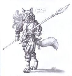  0laffson 2023 accessory anthro armor belt belt_pouch bottomwear breastplate canid canine clothing codpiece dagger dialogue digitigrade feathers fox furgonomics glaive graphite_(artwork) hi_res holding_object holding_weapon jewelry landsknecht looking_forward male mammal melee_weapon monochrome open_mouth pants pencil_(artwork) polearm shadow shirt signature simple_background solo speech_bubble standing tail tail_accessory tail_bracelet tail_jewelry topwear traditional_media_(artwork) weapon white_background 