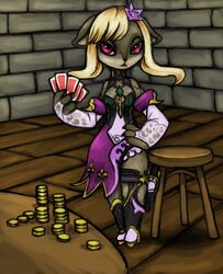  accessory almimi anthro blonde_hair caravan_stories card clothed clothing female flower flower_in_hair footwear hair hair_accessory high_heels lonelyworld looking_at_viewer mammal money mouse murid murine plant poker purple_eyes rodent sleeves solo 