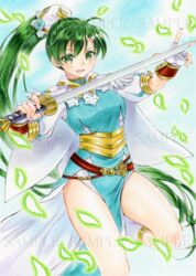  :d ahoge alto2019 bad_id bad_pixiv_id blue_dress blue_flower blue_rose dress female fingerless_gloves fire_emblem fire_emblem:_the_blazing_blade floating_hair flower gloves green_eyes green_hair hair_between_eyes hair_ornament holding holding_sword holding_weapon katana long_hair long_sleeves looking_at_viewer lyn_(fire_emblem) lyn_(resplendent)_(fire_emblem) marker_(medium) open_mouth rose sample_watermark side_slit smile solo standing standing_on_one_leg sword traditional_media very_long_hair watermark weapon white_gloves 