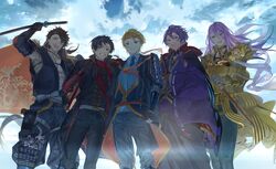  5boys ^_^ aqua_eyes armor black_gloves black_hair blonde_hair blue_eyes brown_hair closed_eyes cloud cloudy_sky collared_shirt epaulettes gloves grin hachisuka_kotetsu hachisuka_kotetsu_(kiwame) hakama hataya headband highres jacket jacket_on_shoulders japanese_armor japanese_clothes kasen_kanesada kasen_kanesada_(kiwame) kashuu_kiyomitsu kashuu_kiyomitsu_(kiwame) katana kote light_purple_hair long_hair making-of_available male_focus mole mole_under_mouth multiple_boys mutsu-no-kami_yoshiyuki mutsu-no-kami_yoshiyuki_(kiwame) necktie open_mouth ponytail purple_hair red_eyes red_scarf scarf sheath sheathed shirt shoulder_armor sky smile sode sword touken_ranbu weapon yamanbagiri_kunihiro yamanbagiri_kunihiro_(kiwame) 