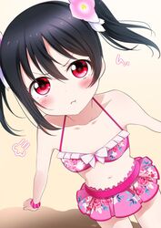  bikini bikini_skirt black_hair blush closed_mouth collarbone commentary female flat_chest floral_print from_above hair_between_eyes highres long_hair looking_at_viewer love_live! love_live!_school_idol_festival_all_stars love_live!_school_idol_project navel official_alternate_costume pink_bikini pout puff_of_air red_eyes solo standing summer_splash_(love_live!) swimsuit twintails yazawa_nico zero-theme 