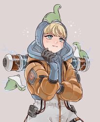  animification apex_legends blonde_hair blue_bodysuit blue_eyes blue_gloves blue_headwear bodysuit brown_background commentary electricity female gloves head_tilt highres hood hooded_bodysuit hooded_jacket jacket lichtenberg_figure nessie_(respawn) on_head orange_jacket ribbed_bodysuit scar scar_on_cheek scar_on_face shimijimi smile solo star_(symbol) stuffed_toy symbol-only_commentary wattson_(apex_legends) white_bodysuit 