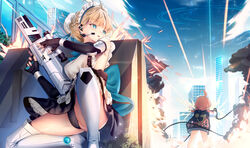  2girls apron assault_rifle bare_shoulders black_dress black_gloves blonde_hair blue_archive blue_eyes blue_ribbon blue_sky blush boots bow bowtie braid breasts bullpup bun_cover chest_harness dress earpiece elbow_gloves fingerless_gloves firing french_braid gloves gun h&amp;k_g11 hair_bun hair_ribbon halo harness heckler_&amp;_koch highres maid_headdress multiple_girls neru_(blue_archive) orange_hair pouch ribbon rifle short_dress short_hair sig_mpx sig_sauer single_hair_bun sky sleeveless sleeveless_dress small_breasts submachine_gun thigh_boots thighs toki_(blue_archive) weapon white_apron white_footwear yan_(nicknikg) 