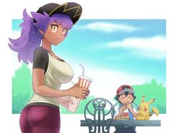  1boy alternate_costume baseball_cap blue_jacket blush breasts bright_pupils chair closed_eyes closed_mouth commentary_request cup dark-skinned_female dark_skin disposable_cup dododo_dadada drinking_straw eating female food genderswap_(mtf) hat holding holding_cup holding_food jacket leon_(pokemon) long_hair looking_at_viewer looking_back pants pikachu pokemon pokemon_(anime) pokemon_(creature) pokemon_journeys ponytail purple_hair red_headwear red_pants rule_63 satoshi_(pokemon) shirt short_sleeves sleeveless sleeveless_jacket smile t-shirt table white_pupils white_shirt yellow_eyes 