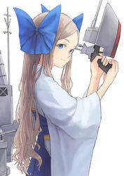  asakaze_(kancolle) blue_bow blue_eyes blue_hakama bow cannon female forehead furisode gun hair_ribbon hakama hakama_skirt highres japanese_clothes kantai_collection kimono light_brown_hair long_hair machinery meiji_schoolgirl_uniform ribbon rigging simple_background skirt smokestack solo taruya turret wavy_hair weapon white_background white_kimono 