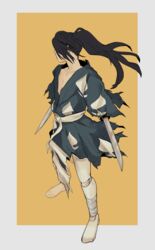  1boy absurdres amputee arm_blade black_hair collarbone commentary dororo_(tezuka) florbetriz full_body highres hyakkimaru_(dororo) long_hair looking_to_the_side male_focus ponytail prosthesis prosthetic_arm prosthetic_leg solo standing weapon 