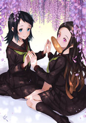  2girls absurdres black_footwear black_hair black_legwear black_sailor_collar black_serafuku black_shirt black_skirt blue_eyes blue_hair blurry blurry_foreground brown_hair closed_mouth commentary_request flower gradient_hair green_neckerchief guribato hair_ribbon highres kamado_nezuko kimetsu_gakuen kimetsu_no_yaiba kneehighs loafers long_hair long_sleeves looking_at_viewer makomo_(kimetsu) medium_hair medium_skirt multicolored_hair multiple_girls neckerchief pink_eyes pink_ribbon pleated_skirt purple_flower ribbon sailor_collar sailor_shirt school_uniform serafuku shirt shoes sitting skirt smile socks swept_bangs very_long_hair wariza wisteria 