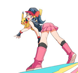  :d ash_ketchum_(cosplay) bare_arms baseball_cap bent_over black_gloves black_socks blue_eyes boots commentary_request cosplay dawn_(pokemon) dododo_dadada eyelashes female fingerless_gloves gloves hair_ornament hairclip hat jacket legs_apart long_hair miniskirt open_mouth outstretched_arm pikachu pink_footwear pink_skirt pokemon pokemon_(anime) pokemon_(creature) pokemon_dppt_(anime) red_headwear satoshi_(pokemon) skirt sleeveless sleeveless_jacket smile socks standing tongue 