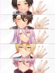  5boys ^_^ absurdres against_glass aqua_eyes blonde_hair blue_eyes brown_hair closed_eyes earrings grin hachisuka_kotetsu hachisuka_kotetsu_(kiwame) headband highres jewelry kasen_kanesada kasen_kanesada_(kiwame) kashuu_kiyomitsu kashuu_kiyomitsu_(kiwame) male_focus mole mole_under_mouth multiple_boys mutsu-no-kami_yoshiyuki mutsu-no-kami_yoshiyuki_(kiwame) purple_hair qr_code red_eyes smile touken_ranbu translation_request upper_body yamanbagiri_kunihiro yamanbagiri_kunihiro_(kiwame) yonemaru 