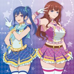  2girls ;d absurdres aikatsu! aikatsu!_(series) argyle_background arm_at_side arm_garter arm_up armpits assault_lily bare_arms bare_shoulders blue_background blue_eyes blue_hair blue_neckerchief blue_shirt blue_skirt breasts brown_hair closed_mouth colored_skin commentary_request commission cosplay cowboy_shot crop_top dated_commentary detached_collar finger_gun frilled_shirt frilled_shirt_collar frilled_skirt frills gloves gradient_background hair_between_eyes hand_on_own_hip high_ponytail highres idol ishikawa_aoi kaede_johan_nouvel kiriya_aoi kiriya_aoi_(cosplay) large_breasts long_hair looking_at_viewer mabuta_kayumi midriff multicolored_shirt multicolored_skin multiple_girls name_connection navel neckerchief one_eye_closed open_mouth pink_background pink_shirt pink_skirt plaid plaid_skirt purple_eyes purple_neckerchief shibuki_ran shibuki_ran_(cosplay) shirt side_ponytail sidelocks skeb_commission skirt sleeveless sleeveless_shirt smile sparkle standing starry_background strapless strapless_shirt teeth thighhighs two-tone_shirt upper_teeth_only v wavy_hair white_gloves white_thighhighs wrist_cuffs yellow_shirt yellow_skirt zettai_ryouiki 