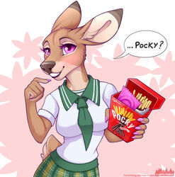  2020 anthro breasts clothed clothing colored_nails condom condom_wrapper countershading deer digital_drawing_(artwork) digital_media_(artwork) female food fur hi_res loimu loimu_(character) mammal nails offering_condom pink_eyes pocky school_uniform sexual_barrier_device shaded simple_background soft_shading solo suggestive talking_to_viewer text uniform 