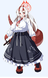  blue_archive blush breasts claws cleavage closed_mouth dragon_girl female full_body grey_background hair_between_eyes halo highres horns huge_breasts kagarimachi_konatsu long_hair long_skirt long_sleeves looking_at_viewer monster_girl original red_eyes simple_background skirt sleeves_past_wrists solo standing tail tareme white_hair wing_collar 