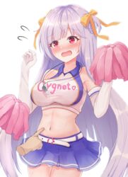  azur_lane bare_shoulders belt blush braid breasts character_name cheerleader clothes_writing collared_shirt commentary_request cowboy_shot crop_top cygnet_(azur_lane) cygnet_(royal_fanfare)_(azur_lane) disembodied_hand double_bun elbow_gloves female flying_sweatdrops gloves hair_bun hair_ribbon highres hikkyou large_breasts long_hair midriff miniskirt navel nose_blush official_alternate_costume open_mouth panties pantyshot poking_belly pom_pom_(cheerleading) purple_skirt red_eyes ribbon shirt sidelocks simple_background single_side_bun skirt sleeveless solo_focus standing sweatdrop tears underwear w_arms wavy_mouth whistle whistle_around_neck white_background white_belt white_gloves white_hair white_panties white_shirt 