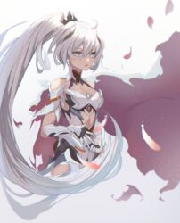  absurdres antenna_hair armor bare_shoulders black_gloves blue_eyes breasts cape cleavage commentary feathers female gauntlets gloves hair_between_eyes hair_ornament highres honkai_(series) honkai_impact_3rd kiana_kaslana kiana_kaslana_(herrscher_of_flamescion) long_hair looking_at_viewer open_mouth petals ponytail simple_background solo sooner torn_cape torn_clothes very_long_hair white_background white_hair 