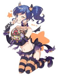  aikatsu! aikatsu!_(series) bat_wings breasts candy elbow_gloves female food gloves holding holding_candy holding_food holding_lollipop horns kiriya_aoi lollipop looking_at_viewer onbin_ha one_eye_closed purple_hair simple_background striped_clothes striped_thighhighs thighhighs wing_piercing wings 